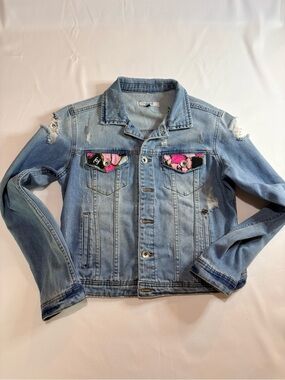 Distressed Light Wash Denim Jean Jacket Custom CC Patchwork Pink Graphic